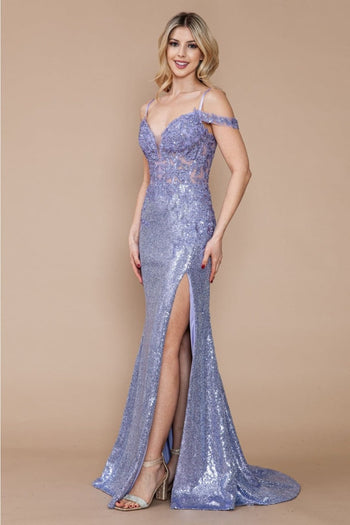 Poly USA 9398 Off - Shoulder Sheer Bodice Floral Appliqued Sequin Dress - LAVENDER / XS