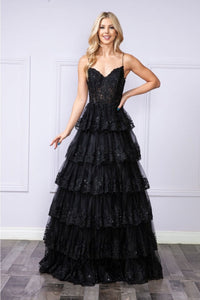 Poly USA 9402 Sleeveless Sheer Bodice Tiered Layered Embellished Gown - BLACK / XS Dress