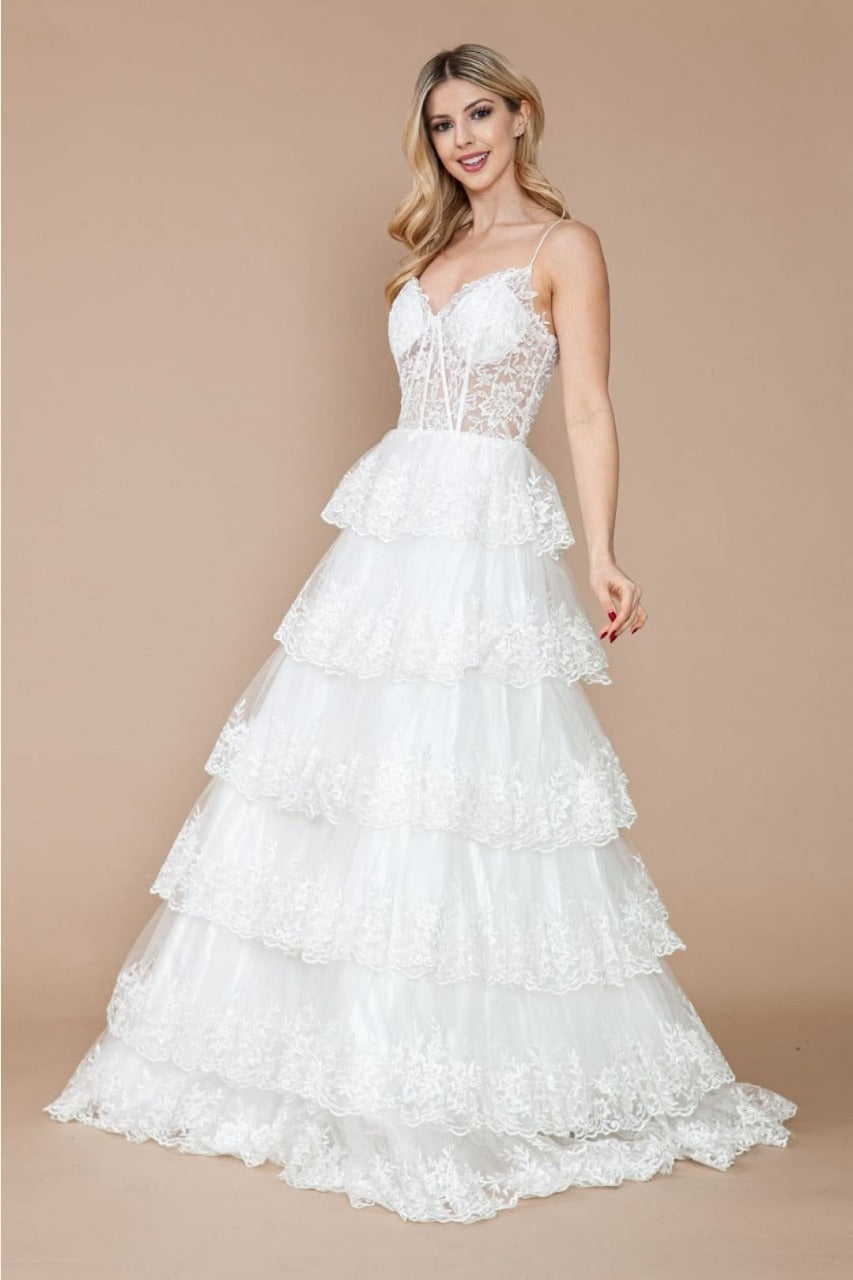 Poly USA 9402B Sleeveless Corset Sheer Bodice Off - White Bridal Gown - OFF WHITE / XS Dress