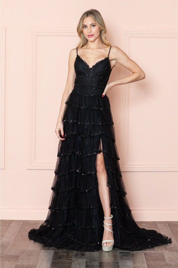 Poly USA 9404 Embellished Bodice Sleeveless Ruffle Slit Evening Dress - BLACK / XS