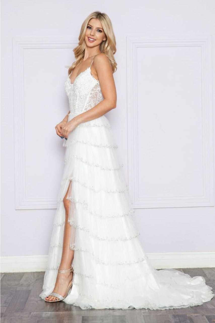 Poly USA 9404 Beaded Embroidered Wedding Ruffle Mesh Off - White Gown - Dress