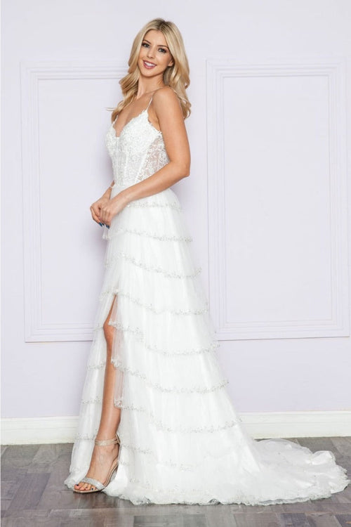 Poly USA 9404 Beaded Embroidered Wedding Ruffle Mesh Off - White Gown - Dress