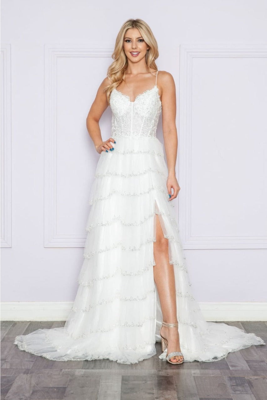 Poly USA 9404B Beaded Embroidered Wedding Ruffle Mesh Off-White Gown