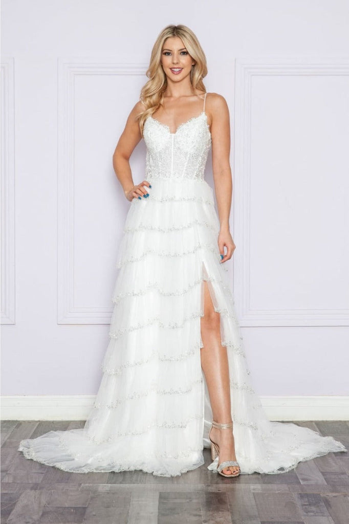 Poly USA 9404 Beaded Embroidered Wedding Ruffle Mesh Off - White Gown - OFF WIHTE / XS Dress