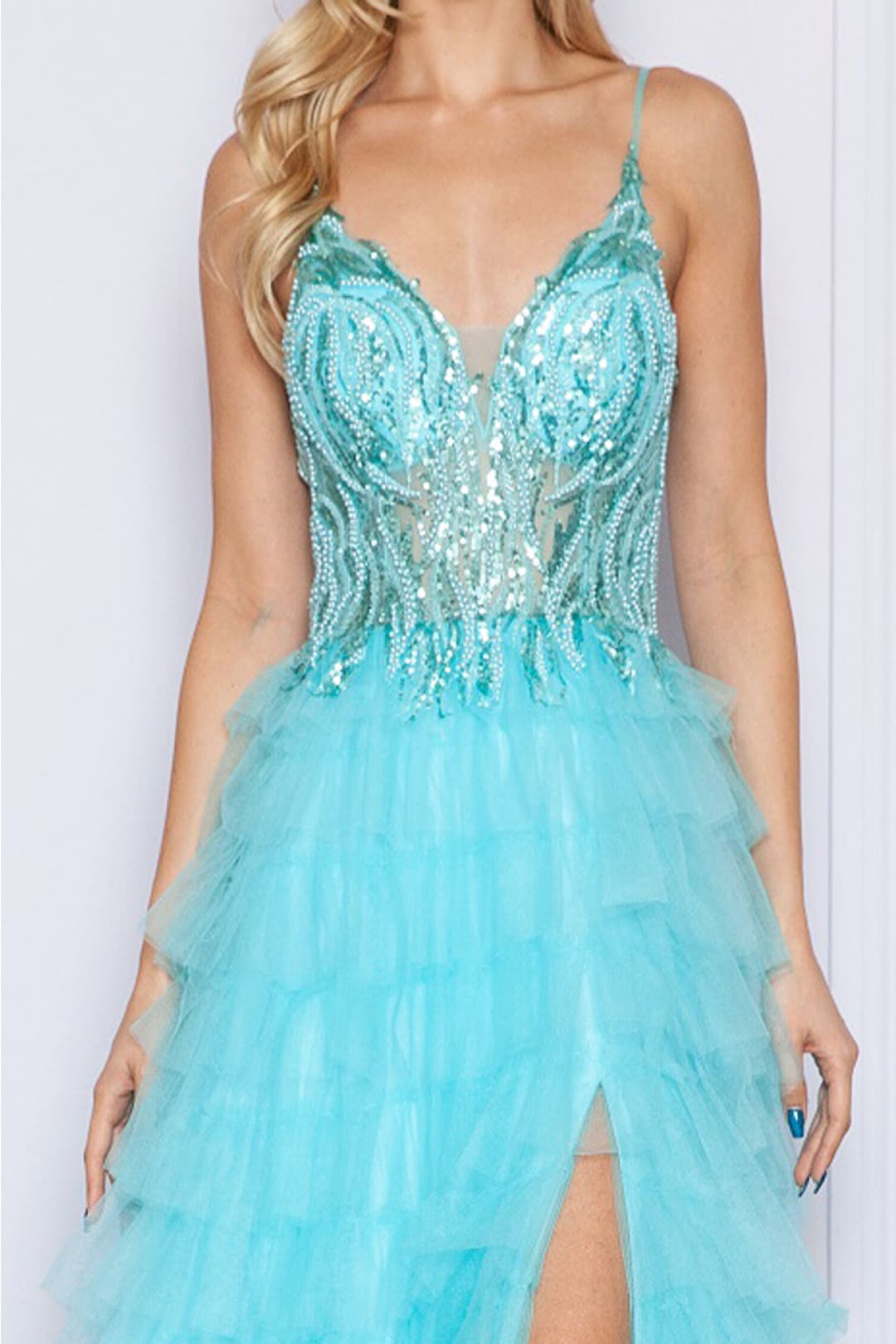 Poly USA 9408 Sheer Bodice Ruffle Sequin Corset Evening Gown - Dress