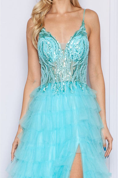 Poly USA 9408 Sheer Bodice Ruffle Sequin Corset Evening Gown - Dress