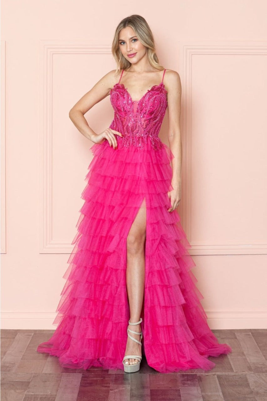 Poly USA 9408 Sheer Bodice Ruffle Sequin Corset Evening Gown - PINK / XS Dress