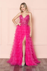 Poly USA 9408 Sheer Bodice Ruffle Sequin Corset Evening Gown - PINK / XS Dress