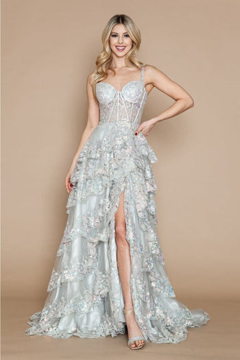 Poly USA 9410 Corset Floral Lace Embroidered Ruffle Long Layered Gown - Dress