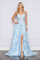 Poly USA 9410 Corset Floral Lace Embroidered Ruffle Long Layered Gown - BLUE / XS Dress