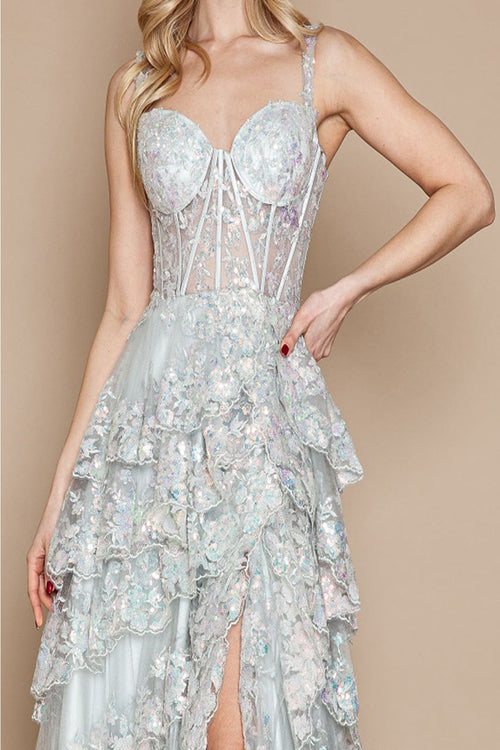 Poly USA 9410 Corset Floral Lace Embroidered Ruffle Prom Gown - Dress