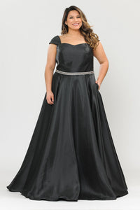 Poly USA W1104 Cap Sleeve A-Line Lace Up Back Prom Evening Gown - BLACK / 14W - Dress