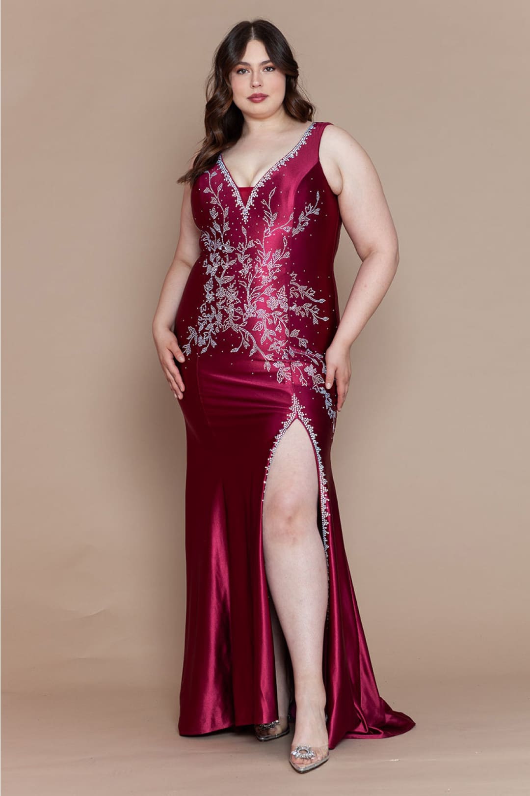 Poly USA W1132 Plus Size Lace up Back Prom Evening Gown - WINE / 14W Dress