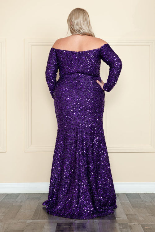 POLY USA W8876 Off Shoulder Sequins Plus Size Evening Gown - Dress