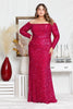 POLY USA W8876 Off Shoulder Sequins Plus Size Evening Gown - RED BERRY / 14W - Dress