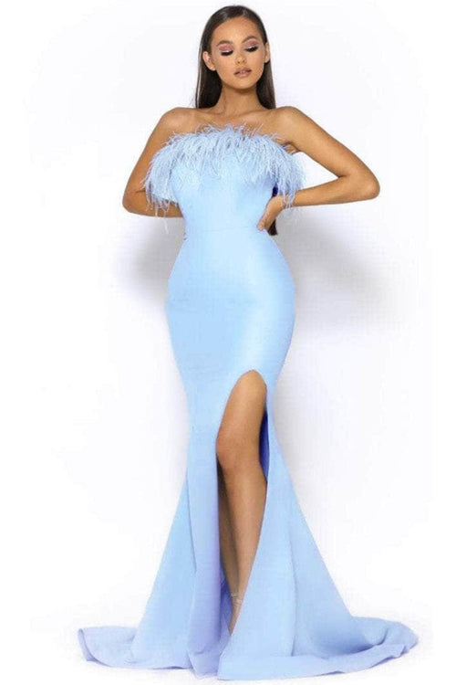 Portia and Scarlett PS2026 -long- Prom Dress with Slit and Feather Trim - Black / 12 - Dress