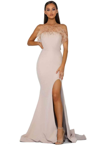 Portia and Scarlett PS2026 -long- Prom Dress with Slit and Feather Trim - Black / 20 - Dress