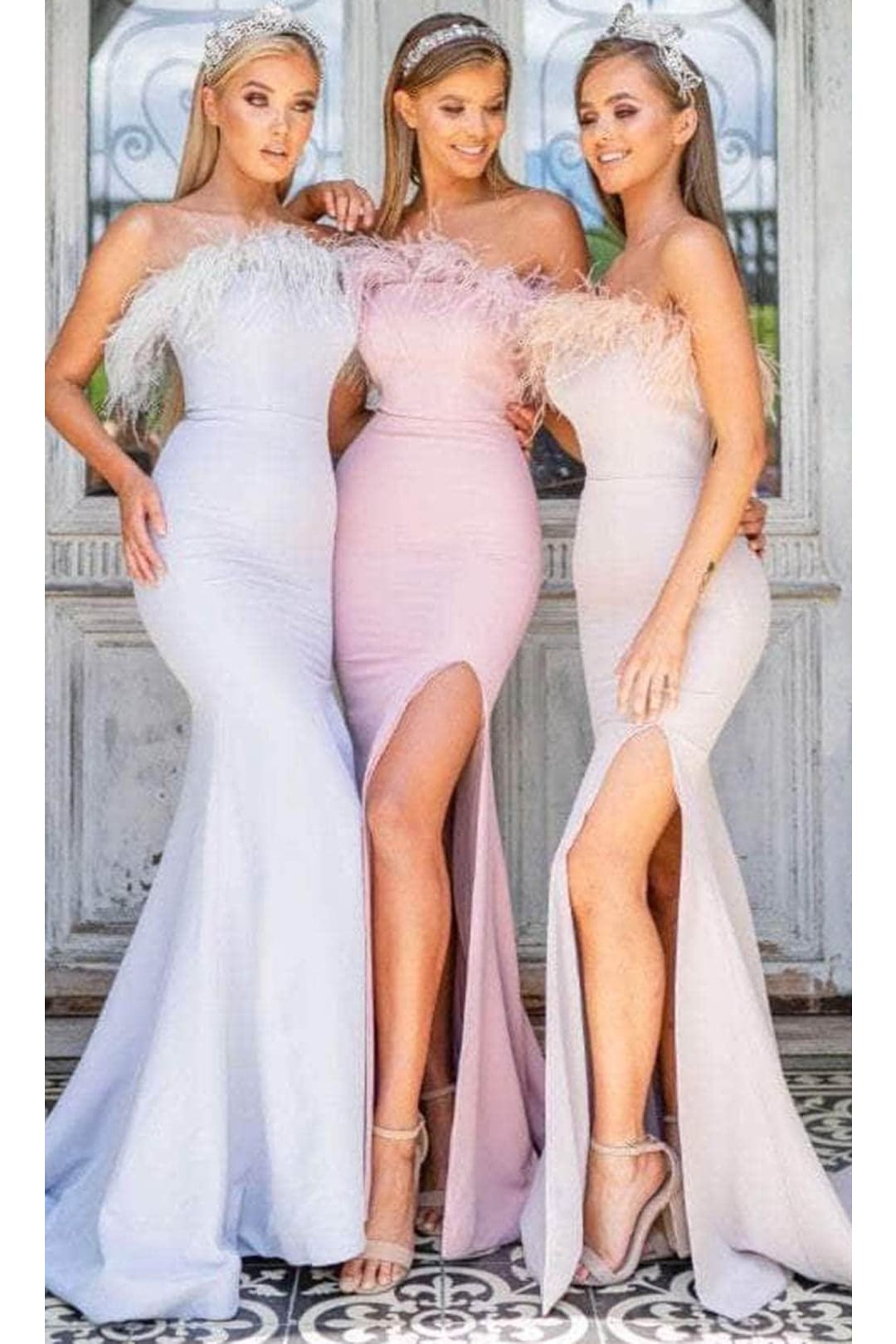 Portia and Scarlett PS2026 -long- Prom Dress with Slit and Feather Trim - Blush / 00 - Dress