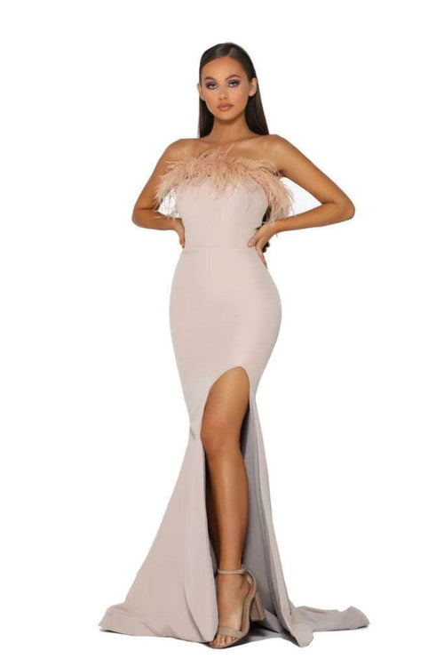 Portia and Scarlett PS2026 -long- Prom Dress with Slit and Feather Trim - Blush / 2 - Dress
