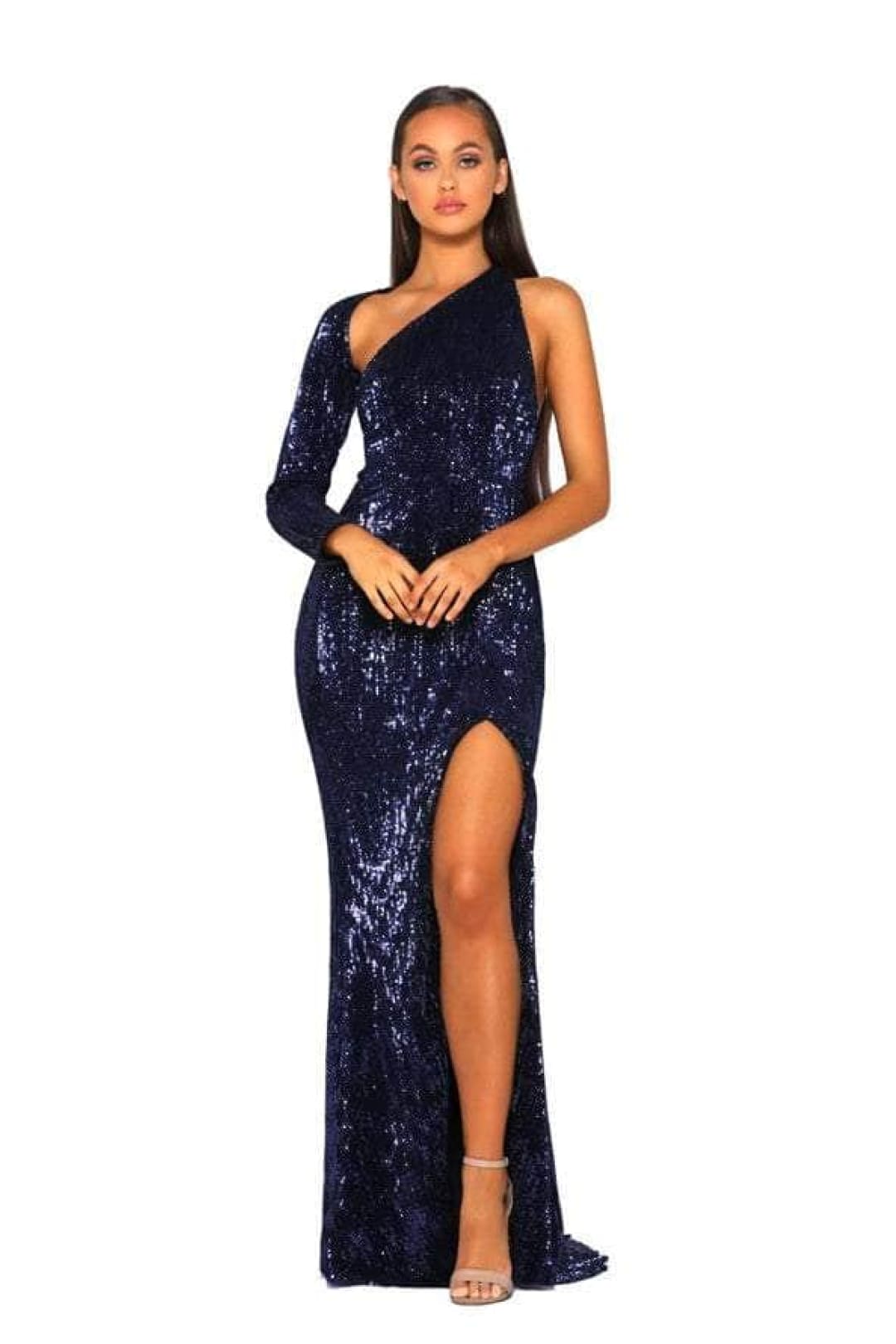 Portia and Scarlett PS2045 -long-One-Shoulder Sequin Prom Dress with Wrap Detail - Emerald / Dress