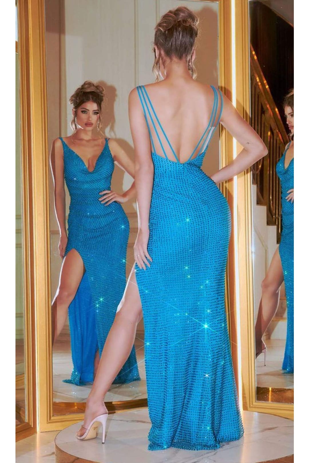 Portia and Scarlett PS21105 -long- Beaded Allover Cowl Neck Evening Gown for Timeless Elegance - Turquoise / 2 - Dress