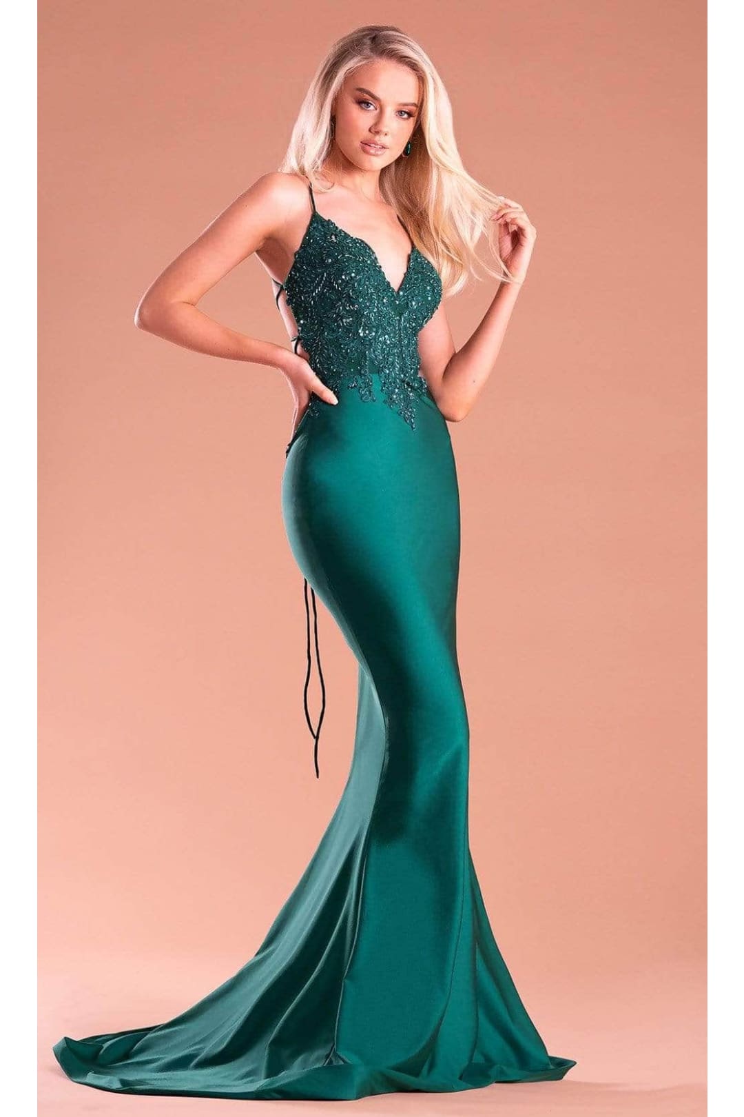 Portia and Scarlett PS21116 -long- Embellished V-Neck Mermaid Dress for a Sophisticated Style - Emerald / 22 - Dress