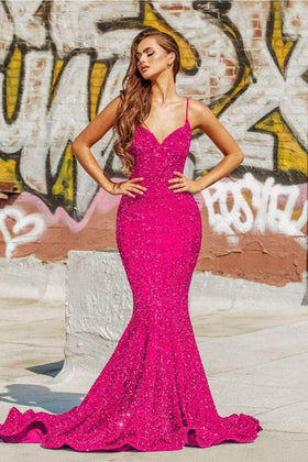 Portia and Scarlett PS21207 -long- Simple Prom Mermaid Gown with Spaghetti Straps and Sequins