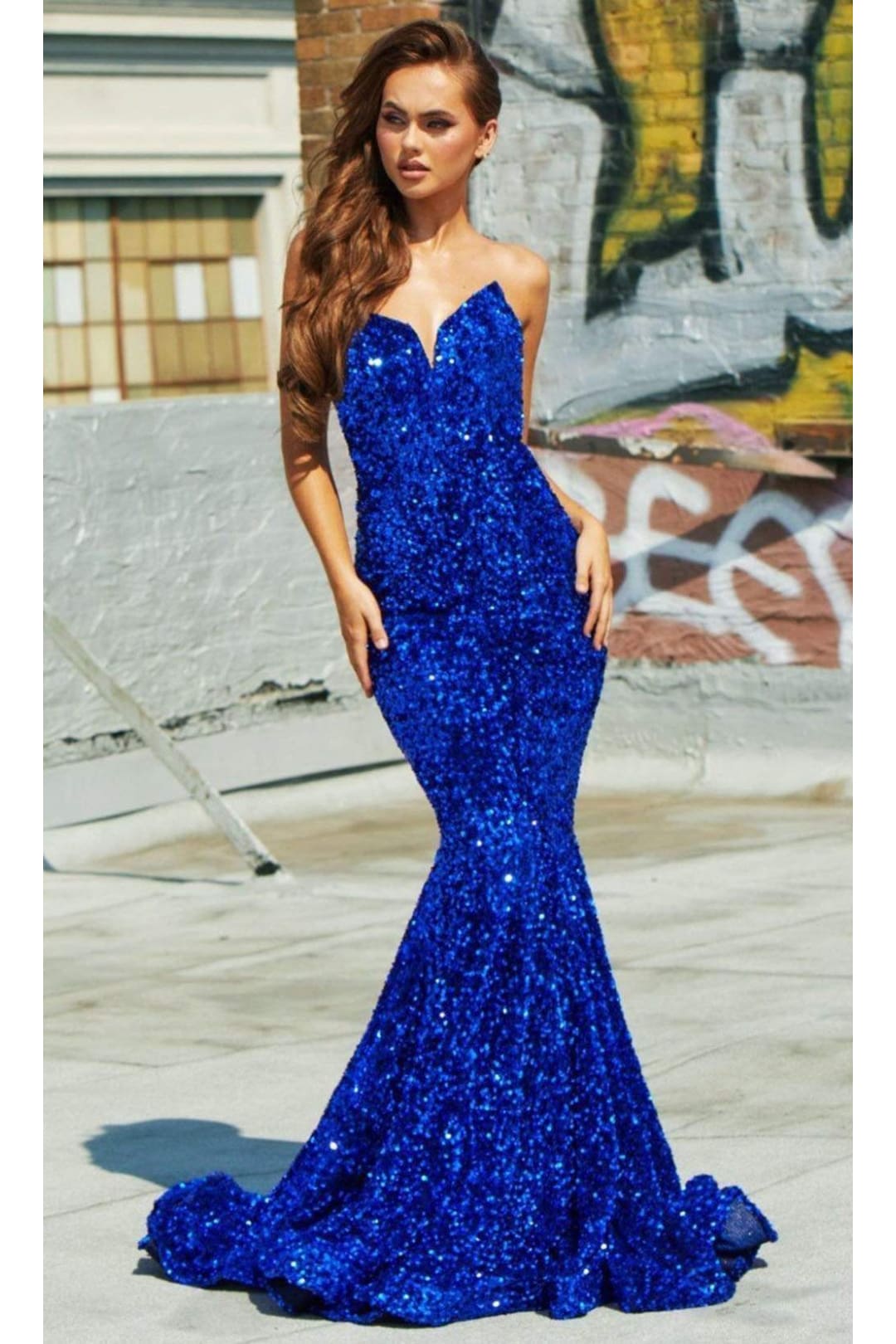 Portia and Scarlett PS21208 -long- Strapless V-Neck Sequin Gown - Cobalt / 00 - Dress