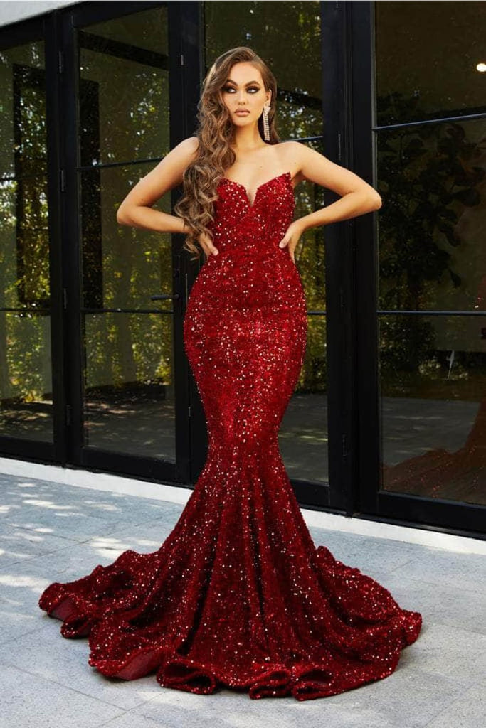 Portia and Scarlett PS21208 -long- Strapless Velvet Sequin Gown - Red / 00 - Dress