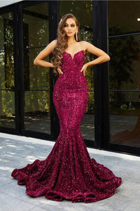 Portia and Scarlett PS21208 -long- Strapless Velvet Sequin Gown - Red / 18 - Dress