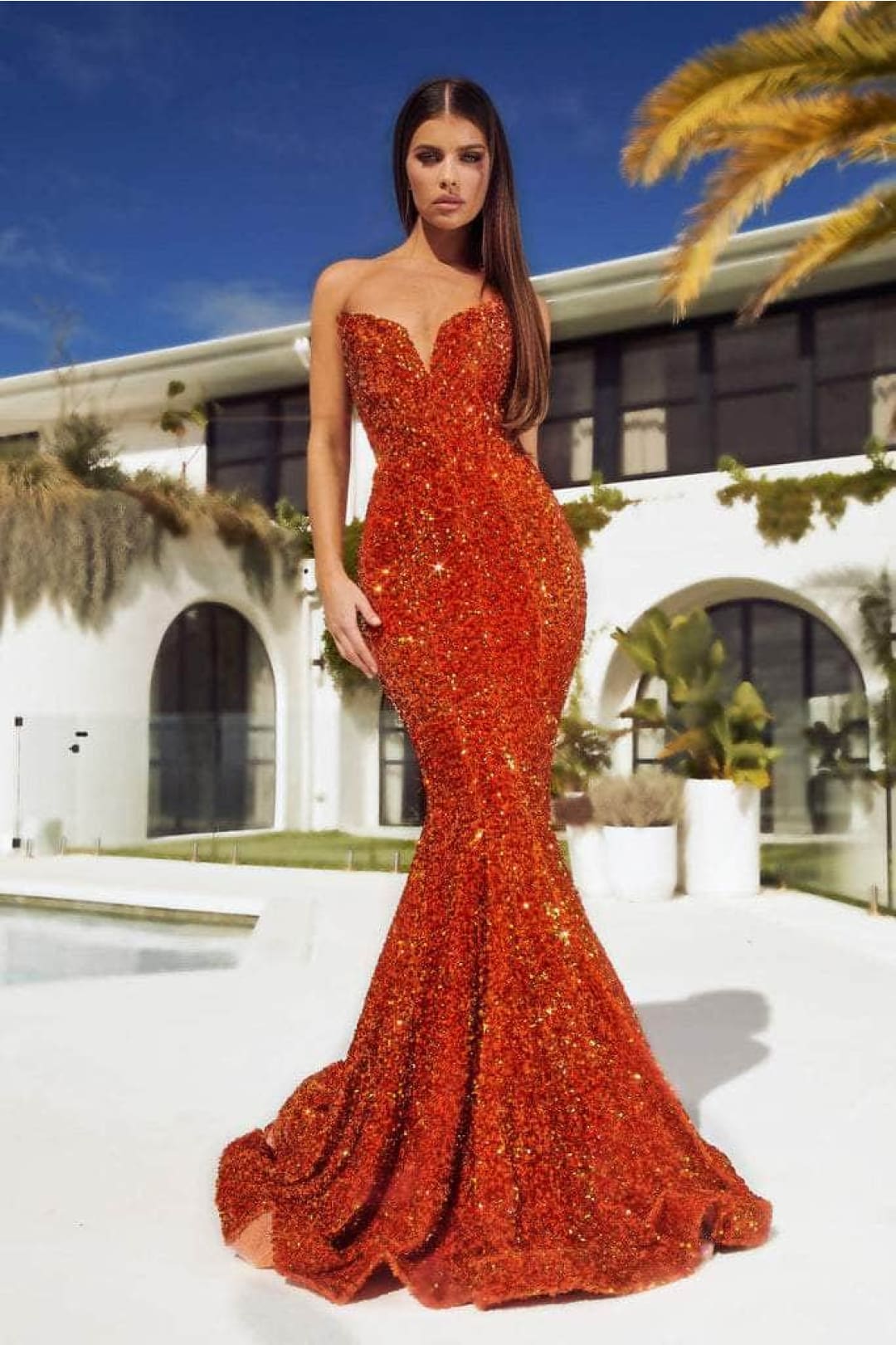 Portia and Scarlett PS21208 -long- Strapless Velvet Sequin Gown - Red / 6 - Dress