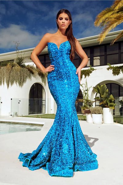 Portia and Scarlett PS21208 Sweetheart Sequined Stretchy Pageant Gown - BRIGHT TURQUOISE / 4 - Dress
