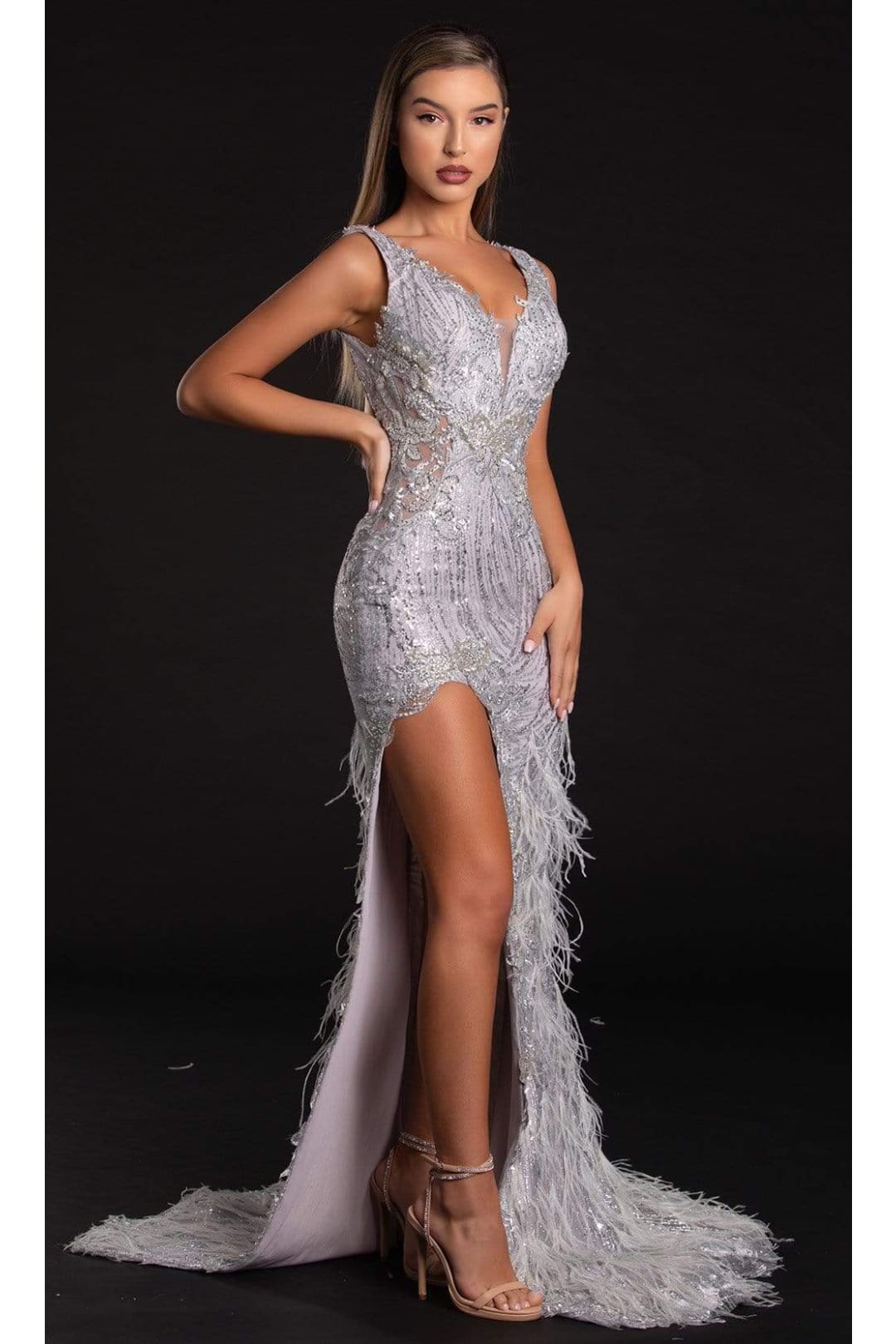 Portia and Scarlett PS21228C -long- Sequined Plunging V-Neck Fringe Dress - Silver / 00 - Dress