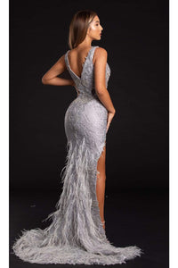 Portia and Scarlett PS21228C -long- Sequined Plunging V-Neck Fringe Dress - Silver / 10 - Dress