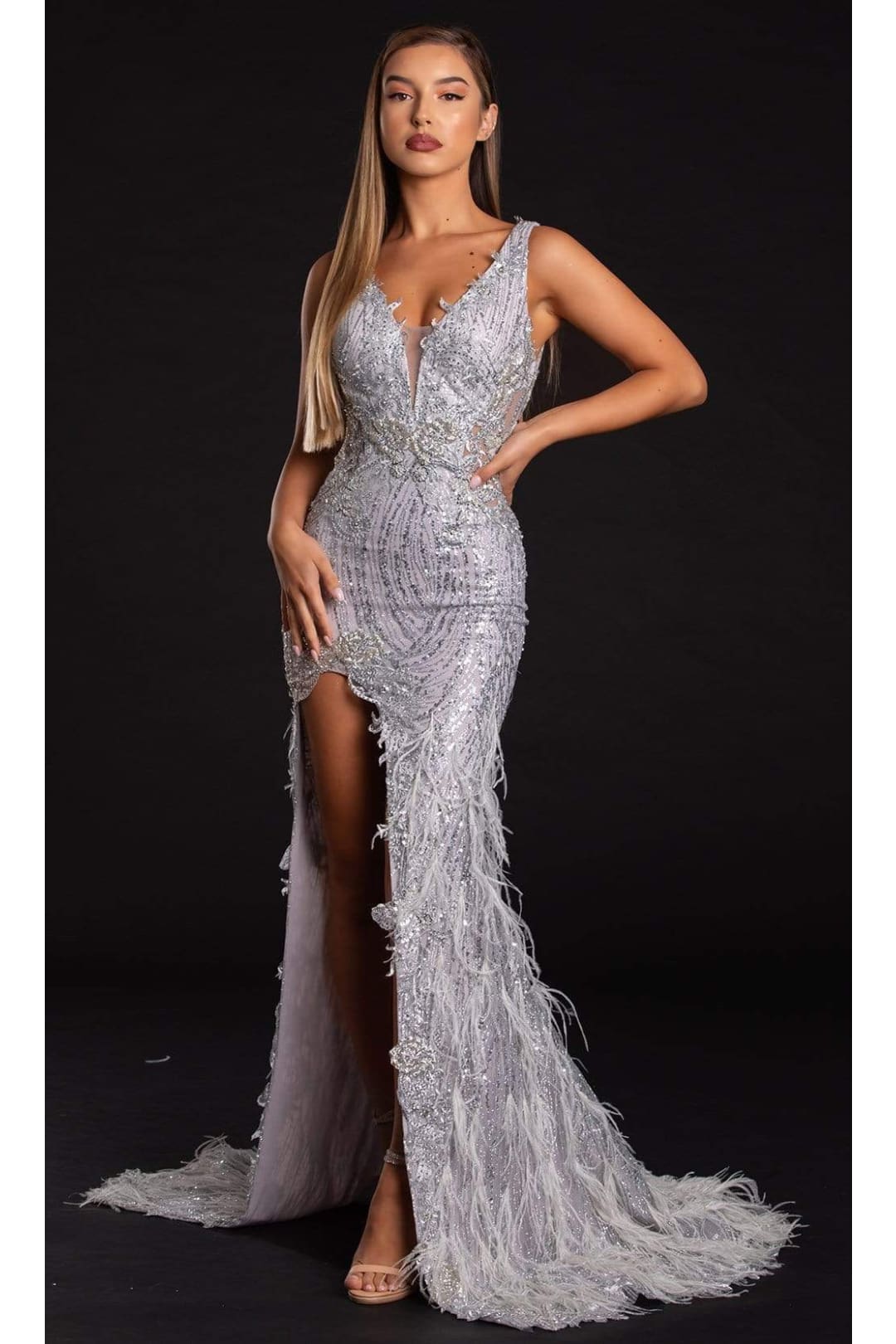 Portia and Scarlett PS21228C -long- Sequined Plunging V-Neck Fringe Dress - Silver / 12 - Dress