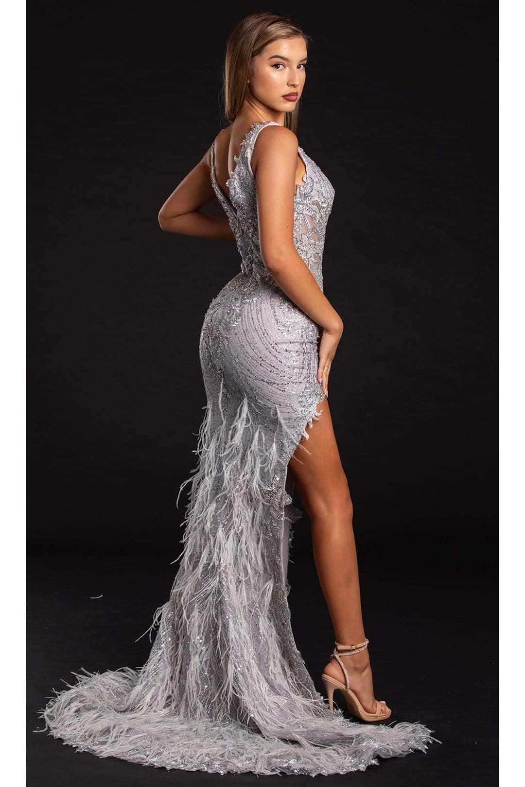 Portia and Scarlett PS21228C -long- Sequined Plunging V-Neck Fringe Dress - Silver / 16 - Dress