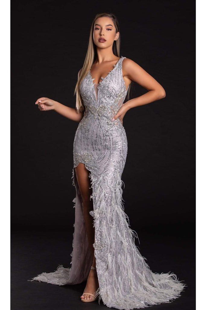 Portia and Scarlett PS21228C -long- Sequined Plunging V-Neck Fringe Dress - Silver / 8 - Dress