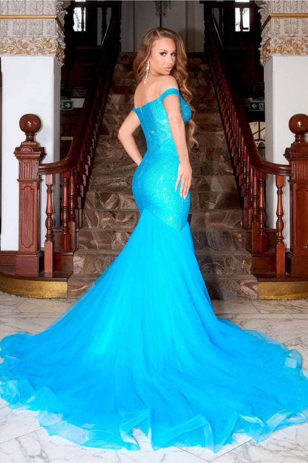 Portia and Scarlett PS21251 -long- Off Shoulder Trumpet Gown with Glittering Accents - Blue / 00 - Dress