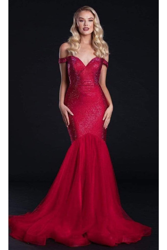 Portia and Scarlett PS21251 -long- Off Shoulder Trumpet Gown with Glittering Accents - Red / 00 - Dress