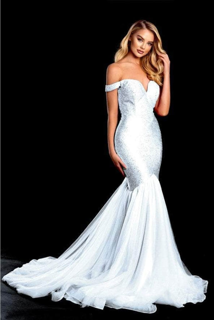 Portia and Scarlett PS21251 -long- Off Shoulder Trumpet Gown with Glittering Accents - White / 00 - Dress