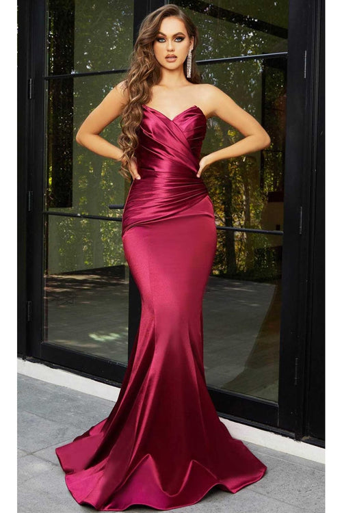 Portia and Scarlett PS21279 -long- Mermaid Prom Dress with Pleat-Ornate Detail - Burgundy / 00 - Dress