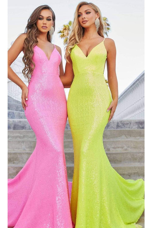 Portia and Scarlett PS21287 -long- V-Neck Open Back Gown Covered in Paillette Sequins - Hot Pink / 00 - Dress