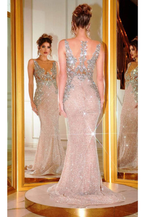 Portia and Scarlett PS21413 -long- Rhinestone Beaded Trumpet Illusion Gown for a Glamorous Appearance - Silver-Nude / 10 - Dress