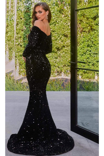 Portia and Scarlett PS22018 -long- Sequined Off-Shoulder Trumpet Dress - Black / 2 - Dress