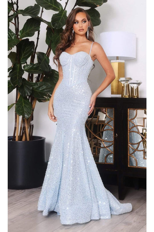 Portia and Scarlett PS22036 -long- Corset Style Sequin Gown - Cinderella Blue / 00 - Dress