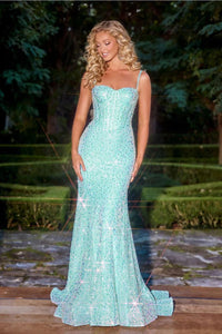 Portia and Scarlett PS22036 -long- Corset Style Sequin Gown - Cinderella Blue / 12 - Dress