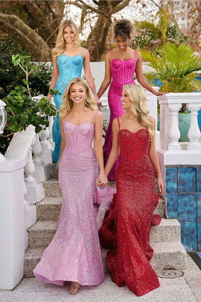 Portia and Scarlett PS22036 -long- Sweetheart Corset Gown with Sequins - Red / 8 - Dress