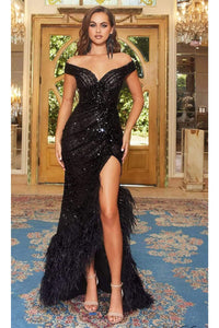 Portia and Scarlett PS22058 -long- Off-Shoulder Feathered Dress with Slit - Black / 00 - Dress