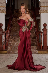 Portia and Scarlett PS22122 -long- Metallic Accent Neckline Trumpet Gown for a Daring Statement - Champagne / 14 - Dress