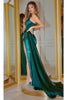 Portia and Scarlett PS22158 -long- Satin Gown with High Slit and Overlay - Emerald / 4 - Dress